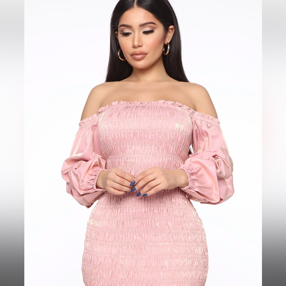 Fashion Nova off the shoulder blush dress